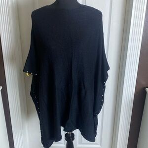 Black Knit Poncho with Faux Pearl Accent NWOT